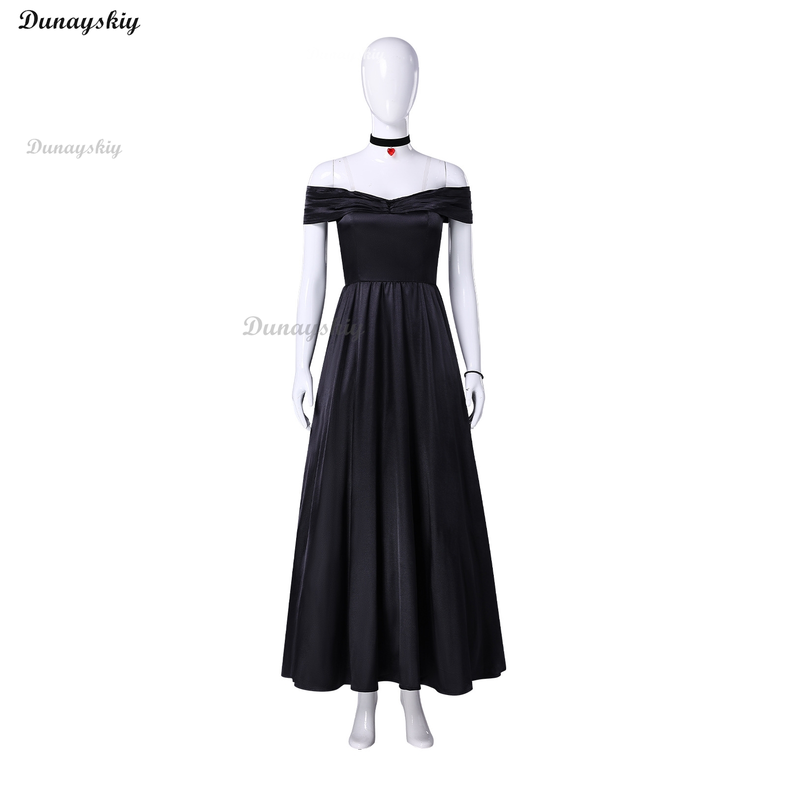 우아한 롱 블랙 새틴 웨딩 코스튬 의상, 오프숄더 A라 - Anime Cosplay For Couples 리뷰 및 가격